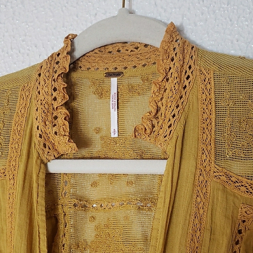 Free People Mustard Crop Top Tie Front 3/4 Bell Sleeves Lace Mesh Cotton Size S - Picture 4 of 16
